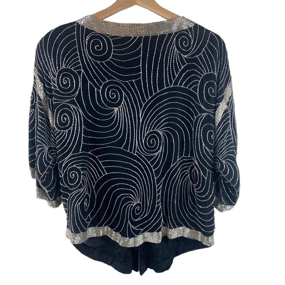 Vintage Silk Beaded Jacket Black and Silver Size Large - Picture 2 of 8